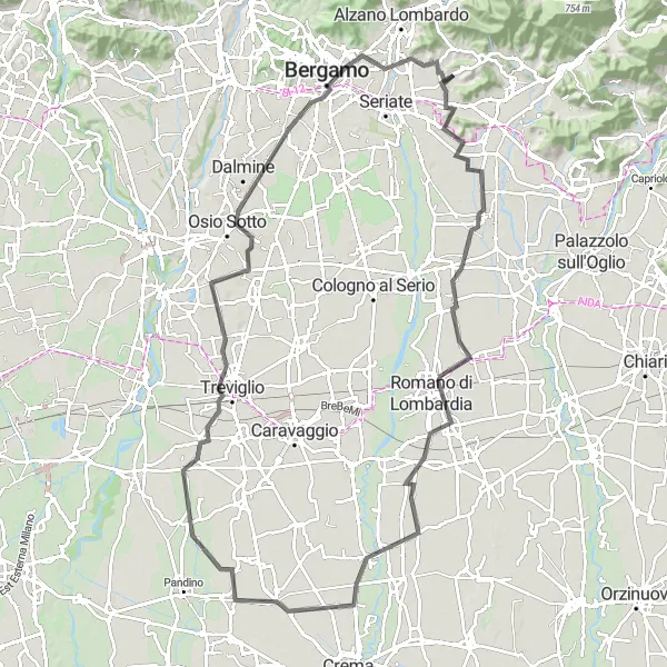 Zemljevid v pomanjšavi "Cestna pot proti Bergamu" kolesarske inspiracije v Lombardia, Italy. Generirano z načrtovalcem kolesarskih poti Tarmacs.app