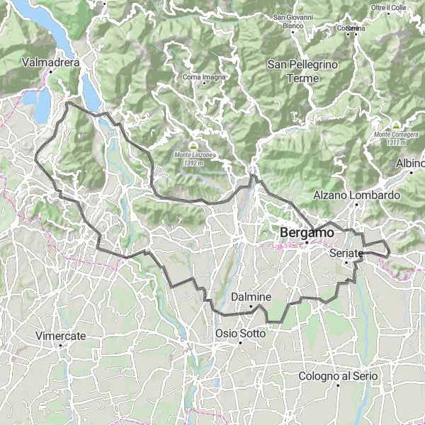 Miniaturní mapa "Okružní cesta kolem Torre de' Roveri" inspirace pro cyklisty v oblasti Lombardia, Italy. Vytvořeno pomocí plánovače tras Tarmacs.app