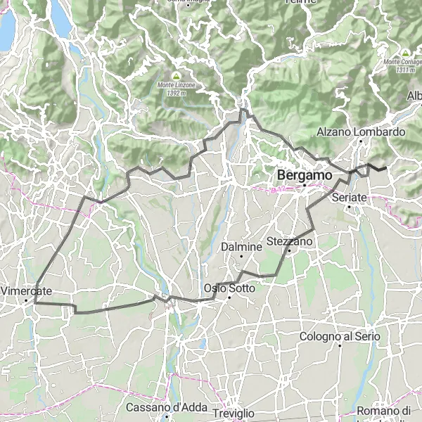 Miniatura della mappa di ispirazione al ciclismo "Giro in Bici da Strada tra Montecchio e Pedrengo" nella regione di Lombardia, Italy. Generata da Tarmacs.app, pianificatore di rotte ciclistiche