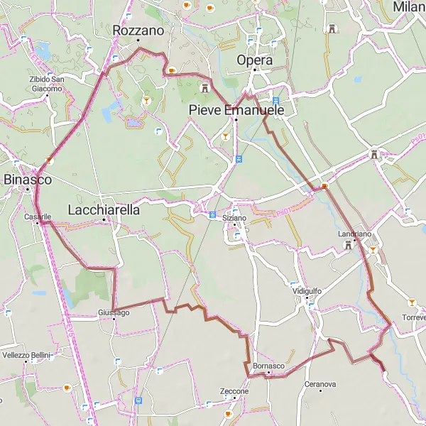 Karttaminiaatyyri "Torrevecchia Pia - Misano Olona - Moirago - Landriano - Cascina Bianca" pyöräilyinspiraatiosta alueella Lombardia, Italy. Luotu Tarmacs.app pyöräilyreittisuunnittelijalla