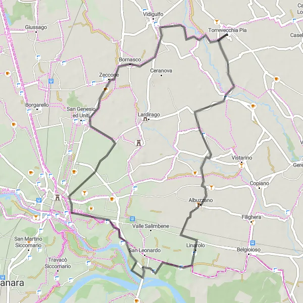 Zemljevid v pomanjšavi "Po cestah okoli Torrevecchia Pia" kolesarske inspiracije v Lombardia, Italy. Generirano z načrtovalcem kolesarskih poti Tarmacs.app