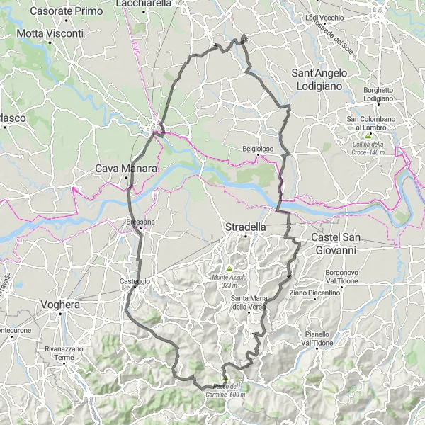 Mapa miniatúra "Cyklistický okruh cez Castel Lambro a Fortunago" cyklistická inšpirácia v Lombardia, Italy. Vygenerované cyklistickým plánovačom trás Tarmacs.app