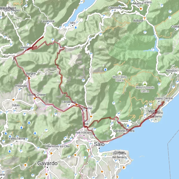 Miniaturní mapa "Gravelová výzva kolem Toscolano Maderno" inspirace pro cyklisty v oblasti Lombardia, Italy. Vytvořeno pomocí plánovače tras Tarmacs.app