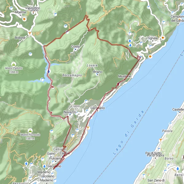 Miniatua del mapa de inspiración ciclista "Ruta de Ciclismo de Grava alrededor de Toscolano" en Lombardia, Italy. Generado por Tarmacs.app planificador de rutas ciclistas