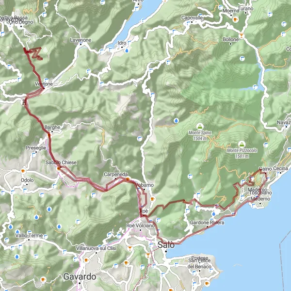 Zemljevid v pomanjšavi "Gorska avantura okoli Toscolano Maderno" kolesarske inspiracije v Lombardia, Italy. Generirano z načrtovalcem kolesarskih poti Tarmacs.app