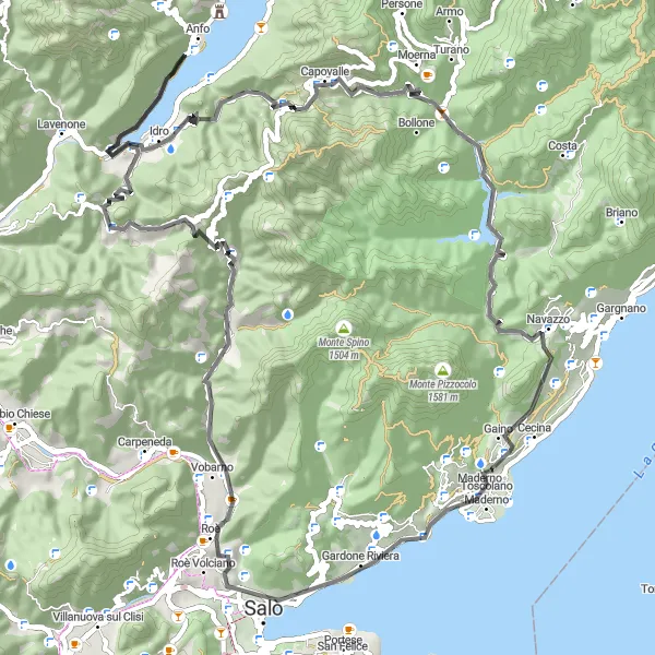 Miniatua del mapa de inspiración ciclista "Ruta de ciclismo de carretera de Toscolano Maderno a Monte Castello di Gaino" en Lombardia, Italy. Generado por Tarmacs.app planificador de rutas ciclistas