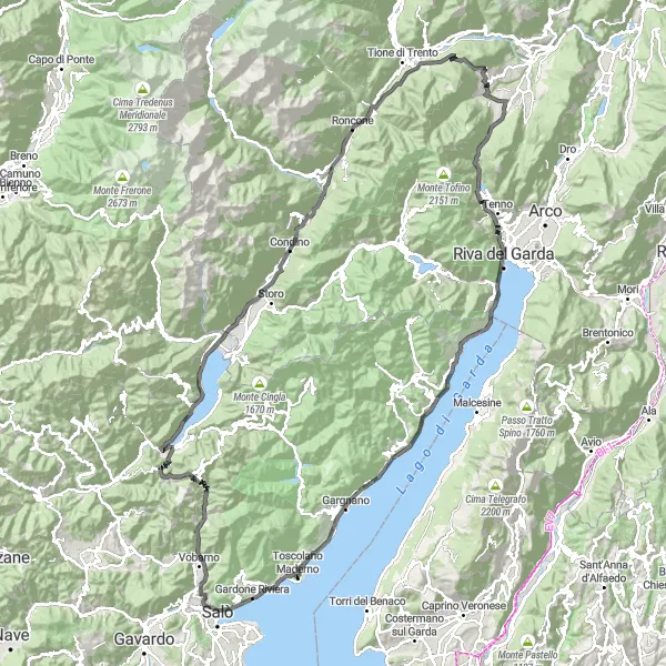 Kartminiatyr av "Lago d'Idro och Toscolano Maderno" cykelinspiration i Lombardia, Italy. Genererad av Tarmacs.app cykelruttplanerare