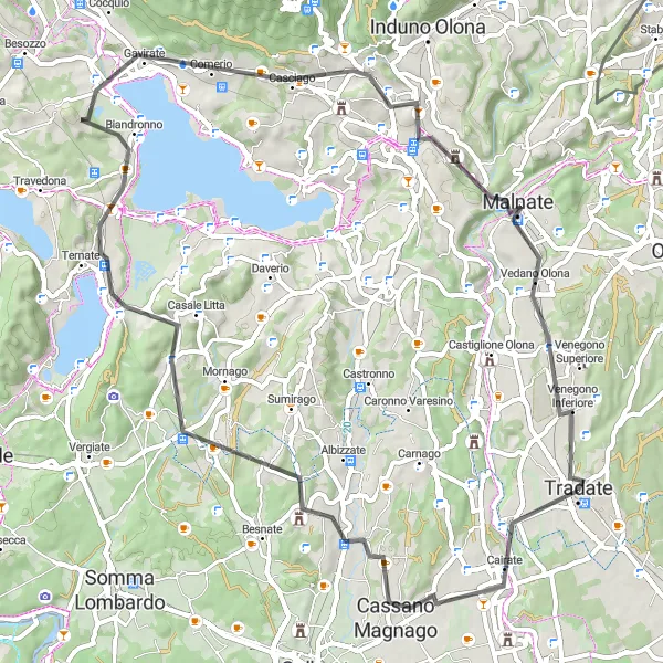 Miniatura della mappa di ispirazione al ciclismo "Tra Varese e Cairate" nella regione di Lombardia, Italy. Generata da Tarmacs.app, pianificatore di rotte ciclistiche