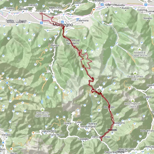Map miniature of "Traona Gravel Adventure" cycling inspiration in Lombardia, Italy. Generated by Tarmacs.app cycling route planner