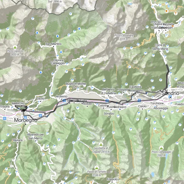 Miniaturní mapa "Traona - Sondrio - Ardenno - Culmine di Dazio - Mello" inspirace pro cyklisty v oblasti Lombardia, Italy. Vytvořeno pomocí plánovače tras Tarmacs.app