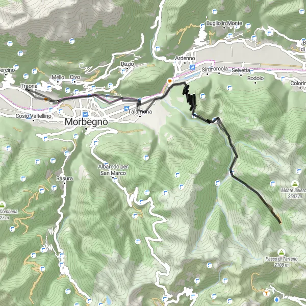 Map miniature of "Tartano Round Trip" cycling inspiration in Lombardia, Italy. Generated by Tarmacs.app cycling route planner