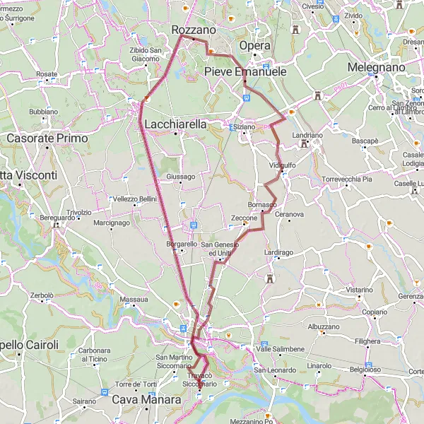 Map miniature of "Travacò Siccomario Gravel Adventure" cycling inspiration in Lombardia, Italy. Generated by Tarmacs.app cycling route planner