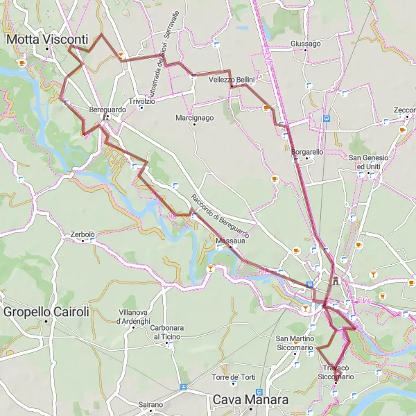 Mapa miniatúra "Gravelová cesta okolo Pavií" cyklistická inšpirácia v Lombardia, Italy. Vygenerované cyklistickým plánovačom trás Tarmacs.app