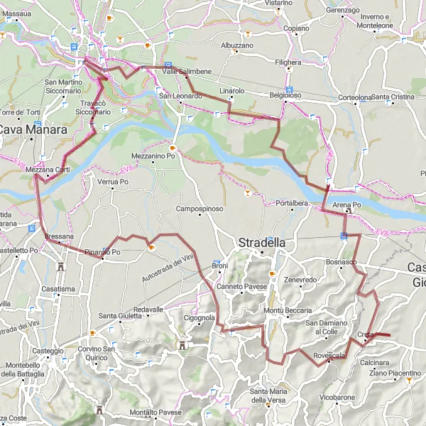 Miniatua del mapa de inspiración ciclista "Ruta de Gravel a Pavia y Mezzano Siccomario" en Lombardia, Italy. Generado por Tarmacs.app planificador de rutas ciclistas