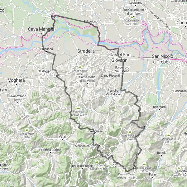 Miniature de la carte de l'inspiration cycliste "Le Tour des Collines de l'Oltrepò Pavese" dans la Lombardia, Italy. Générée par le planificateur d'itinéraire cycliste Tarmacs.app