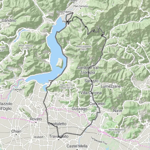 Zemljevid v pomanjšavi "Umetniška pot okoli jezera Iseo" kolesarske inspiracije v Lombardia, Italy. Generirano z načrtovalcem kolesarskih poti Tarmacs.app