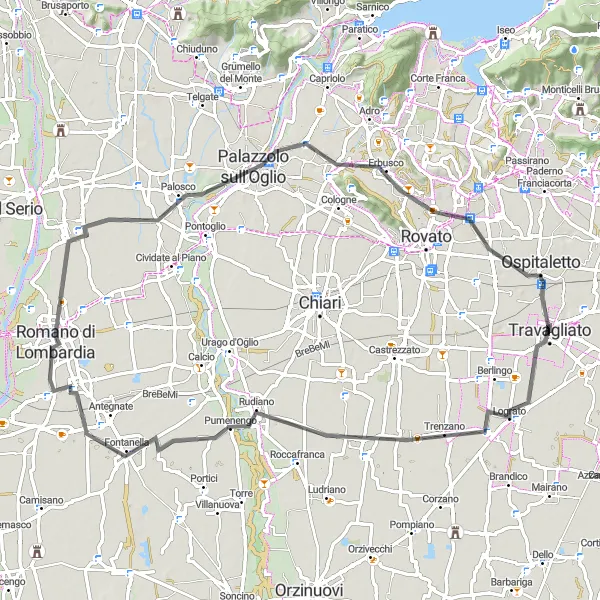 Zemljevid v pomanjšavi "Kolesarska pustolovščina v Maclodiu" kolesarske inspiracije v Lombardia, Italy. Generirano z načrtovalcem kolesarskih poti Tarmacs.app