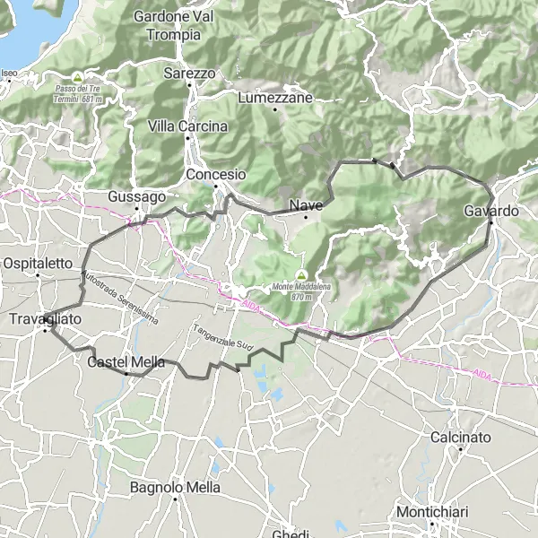 Map miniature of "Travagliato-Monte Peso-Gavardo-Travagliato Loop" cycling inspiration in Lombardia, Italy. Generated by Tarmacs.app cycling route planner