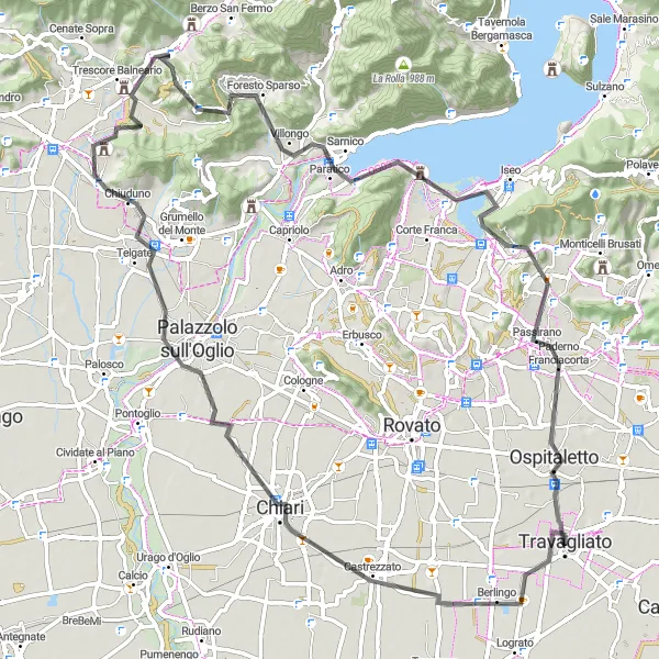 Miniatura della mappa di ispirazione al ciclismo "Giro panoramico lungo le colline lombarde" nella regione di Lombardia, Italy. Generata da Tarmacs.app, pianificatore di rotte ciclistiche