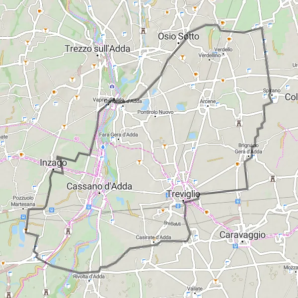 Miniatura mapy "Trasa szosowa przez Vaprio d'Adda, Boltiere, Spirano i Vidalengo" - trasy rowerowej w Lombardia, Italy. Wygenerowane przez planer tras rowerowych Tarmacs.app