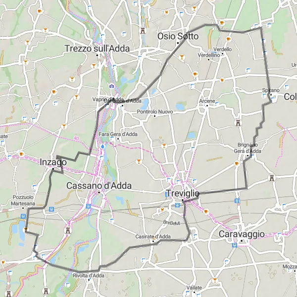 Karttaminiaatyyri "Trecella - Vaprio d'Adda - Boltiere - Spirano - Vidalengo - Trecella" pyöräilyinspiraatiosta alueella Lombardia, Italy. Luotu Tarmacs.app pyöräilyreittisuunnittelijalla