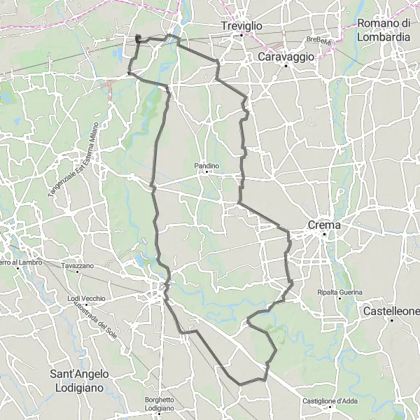 Zemljevid v pomanjšavi "Dolga cestna kolesarska tura preko Passarera in Muzza Piacentina" kolesarske inspiracije v Lombardia, Italy. Generirano z načrtovalcem kolesarskih poti Tarmacs.app