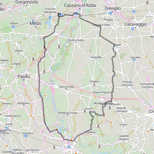 Miniature de la carte de l'inspiration cycliste "Circuit à vélo route vers Montanaso Lombardo et Lavagna" dans la Lombardia, Italy. Générée par le planificateur d'itinéraire cycliste Tarmacs.app