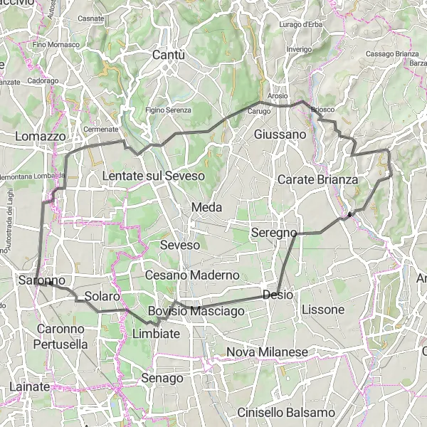 Map miniature of "Cycling through Triuggio and Rovello Porro" cycling inspiration in Lombardia, Italy. Generated by Tarmacs.app cycling route planner