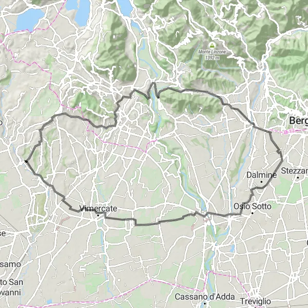Map miniature of "Climbing Challenge via Monte Canto and Arcore" cycling inspiration in Lombardia, Italy. Generated by Tarmacs.app cycling route planner