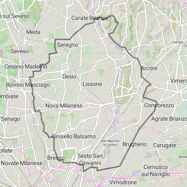 Zemljevid v pomanjšavi "Cestna pot do Cusano Milanino" kolesarske inspiracije v Lombardia, Italy. Generirano z načrtovalcem kolesarskih poti Tarmacs.app