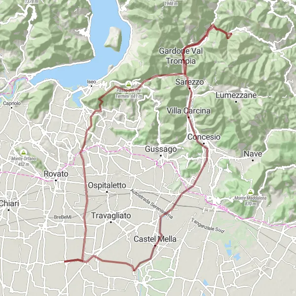 Kartminiatyr av "Grusväg mot Monterotondo och Sarezzo" cykelinspiration i Lombardia, Italy. Genererad av Tarmacs.app cykelruttplanerare