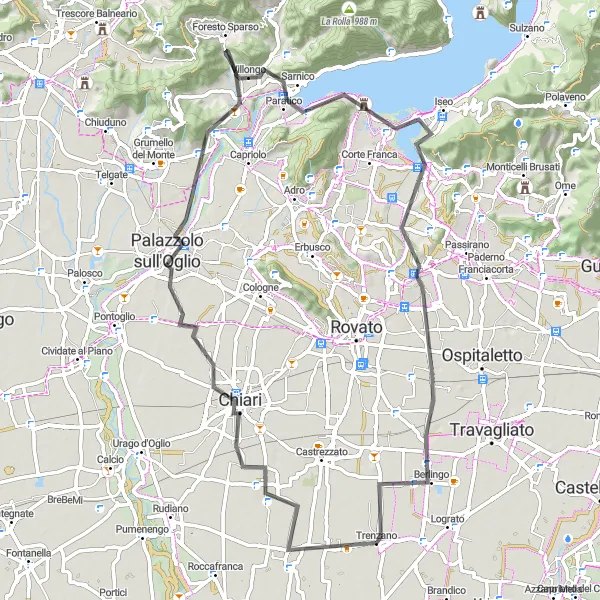 Mapa miniatúra "Cyklistická trasa cez okolité kopce" cyklistická inšpirácia v Lombardia, Italy. Vygenerované cyklistickým plánovačom trás Tarmacs.app