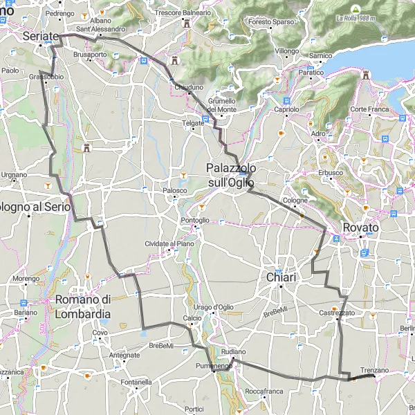 Miniatua del mapa de inspiración ciclista "Ruta de ciclismo de carretera desde Trenzano" en Lombardia, Italy. Generado por Tarmacs.app planificador de rutas ciclistas