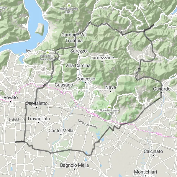 Map miniature of "Monte Montecolo Loop" cycling inspiration in Lombardia, Italy. Generated by Tarmacs.app cycling route planner