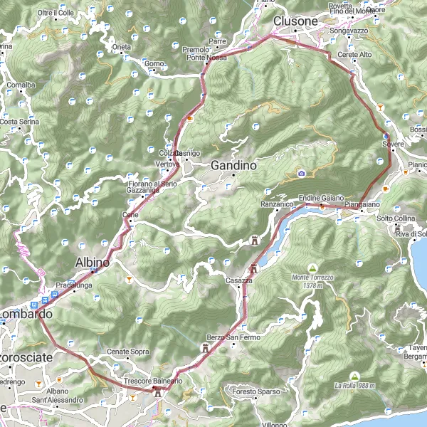 Miniaturní mapa "Gravel okružní cyklotrasa z Trescore Balneario" inspirace pro cyklisty v oblasti Lombardia, Italy. Vytvořeno pomocí plánovače tras Tarmacs.app