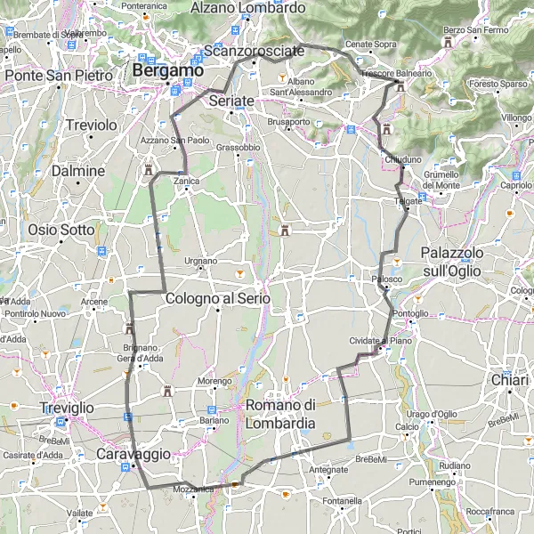 Mapa miniatúra "Okolo rieky Adda" cyklistická inšpirácia v Lombardia, Italy. Vygenerované cyklistickým plánovačom trás Tarmacs.app