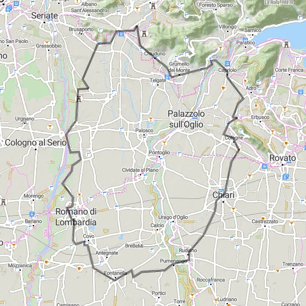 Miniatura della mappa di ispirazione al ciclismo "Giro panoramico tra Trescore Balneario e Bagnatica" nella regione di Lombardia, Italy. Generata da Tarmacs.app, pianificatore di rotte ciclistiche