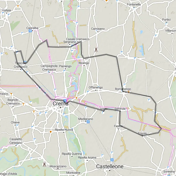 Miniatura della mappa di ispirazione al ciclismo "Giro tra Ricengo e Crema" nella regione di Lombardia, Italy. Generata da Tarmacs.app, pianificatore di rotte ciclistiche