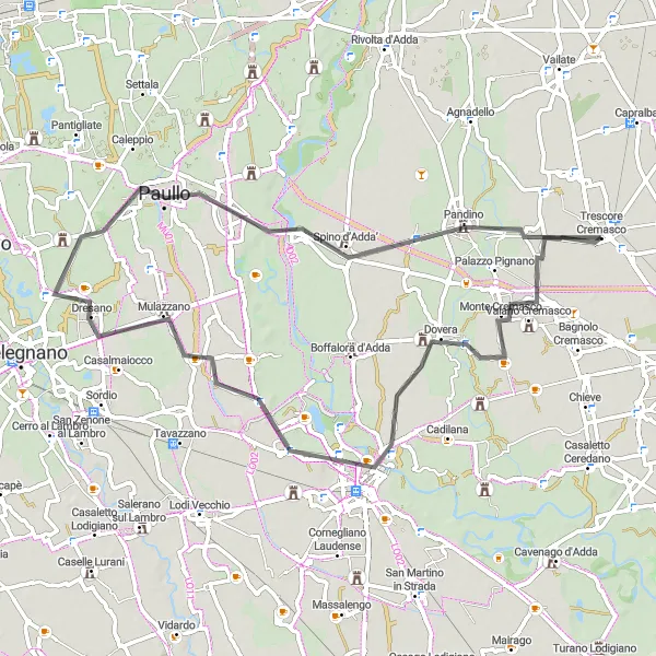 Mapa miniatúra "Okruhová cyklistická trasa cez Vaiano Cremasco, Lodi a ďalšie" cyklistická inšpirácia v Lombardia, Italy. Vygenerované cyklistickým plánovačom trás Tarmacs.app