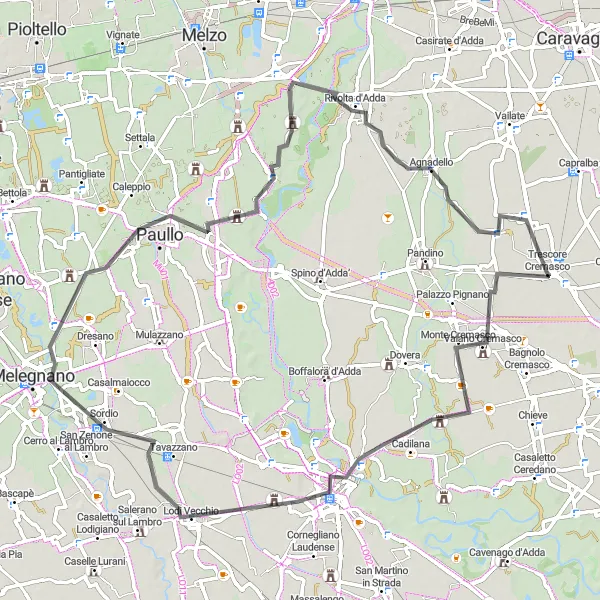 Miniaturní mapa "Silniční okruh přes Crespiaticu a Sordio" inspirace pro cyklisty v oblasti Lombardia, Italy. Vytvořeno pomocí plánovače tras Tarmacs.app