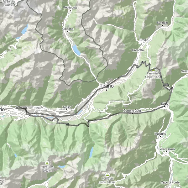 Miniatua del mapa de inspiración ciclista "Ruta de ciclismo en carretera a través de Tresenda, Passo del Mortirolo y Castello dell'Acqua" en Lombardia, Italy. Generado por Tarmacs.app planificador de rutas ciclistas