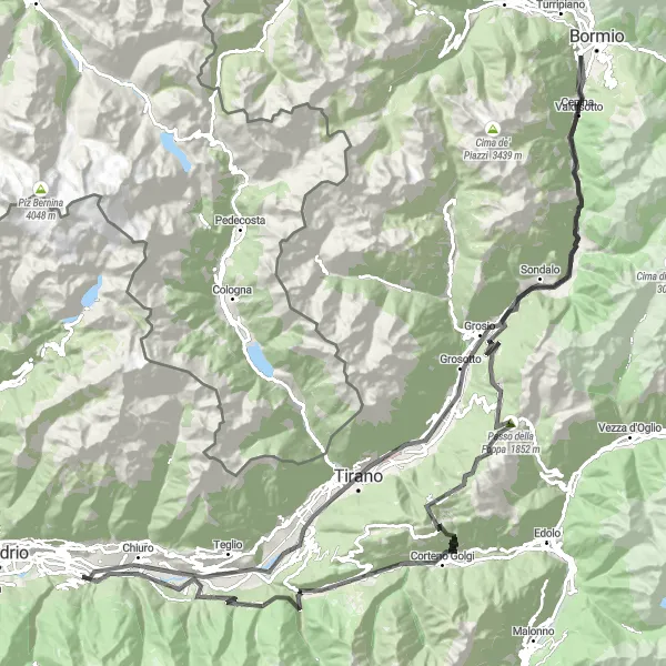 Zemljevid v pomanjšavi "Road loop from Tresivio to Chiuro" kolesarske inspiracije v Lombardia, Italy. Generirano z načrtovalcem kolesarskih poti Tarmacs.app