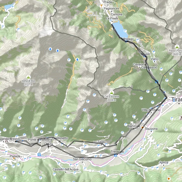 Mapa miniatúra "Cestné bicykle cez Teglio a Brusio" cyklistická inšpirácia v Lombardia, Italy. Vygenerované cyklistickým plánovačom trás Tarmacs.app