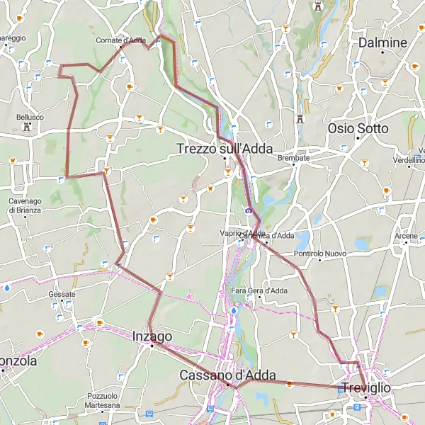 Miniaturní mapa "Gravelová výprava okolo Treviglio" inspirace pro cyklisty v oblasti Lombardia, Italy. Vytvořeno pomocí plánovače tras Tarmacs.app