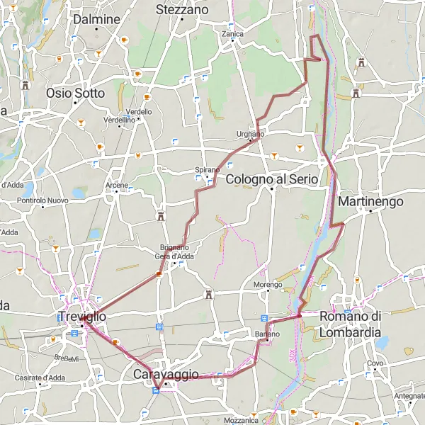 Mapa miniatúra "Gravelová cyklotrasa Urgnano - Muratella - Caravaggio" cyklistická inšpirácia v Lombardia, Italy. Vygenerované cyklistickým plánovačom trás Tarmacs.app