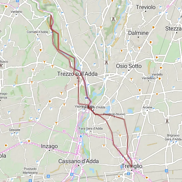 Map miniature of "Crespi d'Adda to Pontirolo Nuovo Gravel Ride" cycling inspiration in Lombardia, Italy. Generated by Tarmacs.app cycling route planner