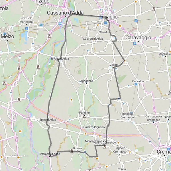 Mapa miniatúra "Cyklistická cesta okolo Treviglio" cyklistická inšpirácia v Lombardia, Italy. Vygenerované cyklistickým plánovačom trás Tarmacs.app