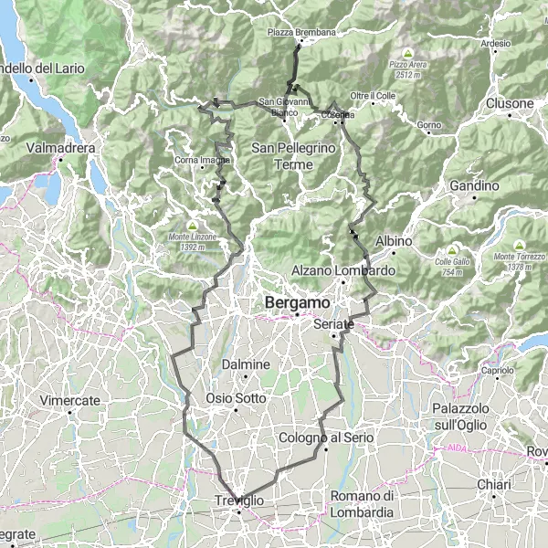 Map miniature of "Trezzo sull'Adda to Cologno al Serio Epic Ride" cycling inspiration in Lombardia, Italy. Generated by Tarmacs.app cycling route planner