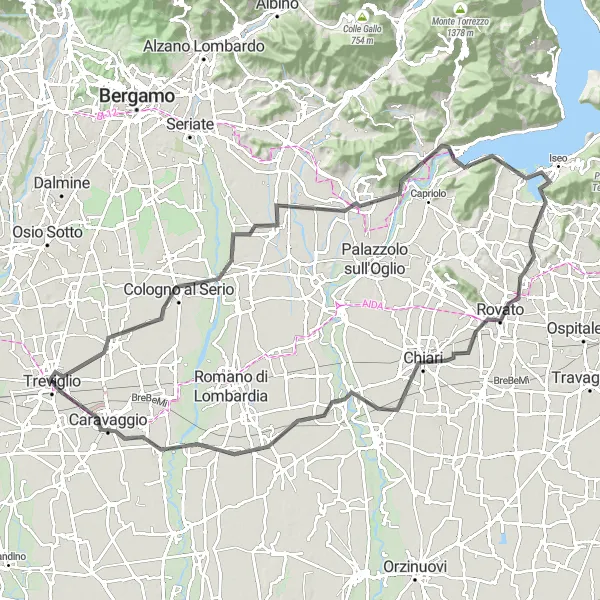 Miniaturní mapa "Road Cycle Route to Mozzanica" inspirace pro cyklisty v oblasti Lombardia, Italy. Vytvořeno pomocí plánovače tras Tarmacs.app