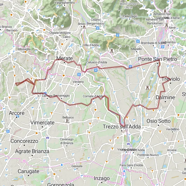 Kartminiatyr av "Grusväg till Merate Loop" cykelinspiration i Lombardia, Italy. Genererad av Tarmacs.app cykelruttplanerare